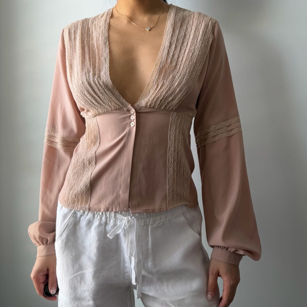 Old Label H&M Blush Long Sleeve Lace Blouse - Small